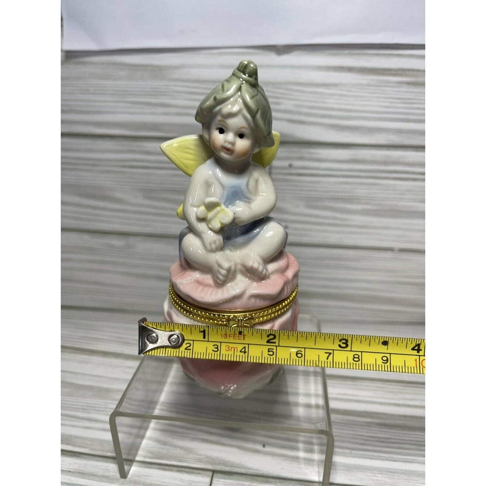 Vintage Hinged Trinket Box Fairy Angel Cherub Pink Yellow Florals 5.25" - Picture 9 of 9